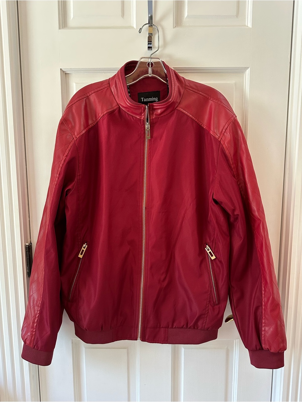 Tanmning Men's Red Bomber Jacket with Zip Pockets